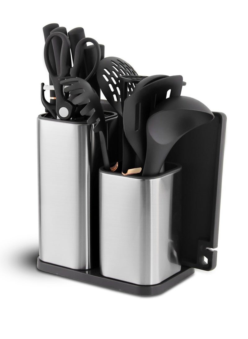 هوسرولاند مجموعة أدوات المطبخ والسكاكين من هاوس رولاند، 16 قطعة، أقفال من الفولاذ المقاوم للصدأ مع حامل أواني، منظم أدوات المطبخ، حامل سكاكين، مقص ولوحة تقطيع، مجموعة تخييم - Image 1